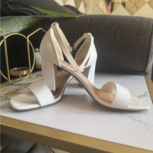 Dominique White Block Heel Sandals with Ankle Strap